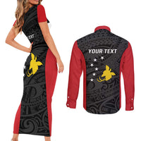 Personalised PNG Sandaun Province Couples Matching Short Sleeve Bodycon Dress and Long Sleeve Button Shirt Bird of Paradise Tattoo Flag Motif - Polynesian Pride