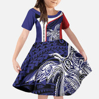 Personalised PNG West New Britain Province Family Matching Long Sleeve Bodycon Dress and Hawaiian Shirt Bird of Paradise Tattoo Flag Motif LT9 Daughter's Dress Blue - Polynesian Pride