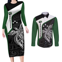 Personalised PNG Western Highlands Province Couples Matching Long Sleeve Bodycon Dress and Long Sleeve Button Shirt Bird of Paradise Tattoo Flag Motif - Polynesian Pride