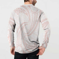 White Sunday Lotu Tamaiti Button Sweatshirt Polynesian Wave Pastel Blush - Polynesian Pride