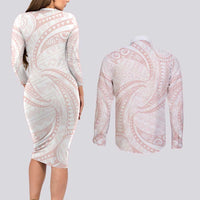 White Sunday Lotu Tamaiti Couples Matching Long Sleeve Bodycon Dress and Long Sleeve Button Shirt Polynesian Wave Pastel Blush - Polynesian Pride
