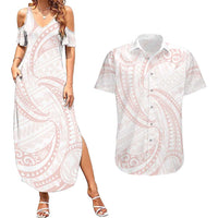 White Sunday Lotu Tamaiti Couples Matching Summer Maxi Dress and Hawaiian Shirt Polynesian Wave Pastel Blush - Polynesian Pride
