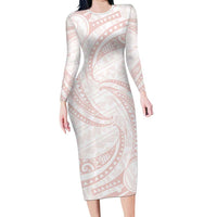 White Sunday Lotu Tamaiti Long Sleeve Bodycon Dress Polynesian Wave Pastel Blush - Polynesian Pride