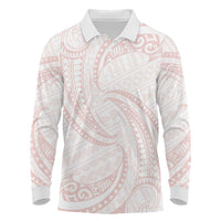 White Sunday Lotu Tamaiti Long Sleeve Polo Shirt Polynesian Wave Pastel Blush - Polynesian Pride
