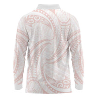 White Sunday Lotu Tamaiti Long Sleeve Polo Shirt Polynesian Wave Pastel Blush - Polynesian Pride