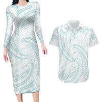 White Sunday Lotu Tamaiti Couples Matching Long Sleeve Bodycon Dress and Hawaiian Shirt Polynesian Wave Pastel Cyan - Polynesian Pride