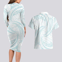 White Sunday Lotu Tamaiti Couples Matching Long Sleeve Bodycon Dress and Hawaiian Shirt Polynesian Wave Pastel Cyan - Polynesian Pride