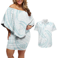 White Sunday Lotu Tamaiti Couples Matching Off Shoulder Short Dress and Hawaiian Shirt Polynesian Wave Pastel Cyan - Polynesian Pride