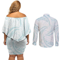 White Sunday Lotu Tamaiti Couples Matching Off Shoulder Short Dress and Long Sleeve Button Shirt Polynesian Wave Pastel Cyan - Polynesian Pride