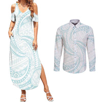 White Sunday Lotu Tamaiti Couples Matching Summer Maxi Dress and Long Sleeve Button Shirt Polynesian Wave Pastel Cyan - Polynesian Pride