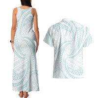 White Sunday Lotu Tamaiti Couples Matching Tank Maxi Dress and Hawaiian Shirt Polynesian Wave Pastel Cyan - Polynesian Pride