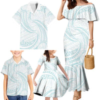 White Sunday Lotu Tamaiti Family Matching Mermaid Dress and Hawaiian Shirt Polynesian Wave Pastel Cyan LT9 - Polynesian Pride