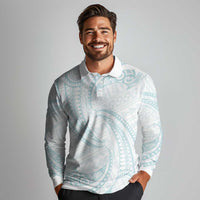 White Sunday Lotu Tamaiti Long Sleeve Polo Shirt Polynesian Wave Pastel Cyan - Polynesian Pride