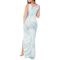 White Sunday Lotu Tamaiti Tank Maxi Dress Polynesian Wave Pastel Cyan - Polynesian Pride