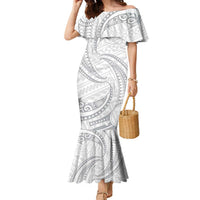 White Sunday Lotu Tamaiti Family Matching Mermaid Dress and Hawaiian Shirt Polynesian Wave Pastel Gray LT9 Mom's Dress Gray - Polynesian Pride