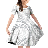White Sunday Lotu Tamaiti Family Matching Off Shoulder Short Dress and Hawaiian Shirt Polynesian Wave Pastel Gray LT9 Daughter's Dress Gray - Polynesian Pride