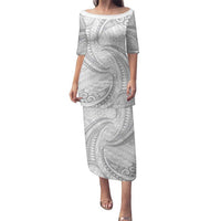 White Sunday Lotu Tamaiti Family Matching Puletasi and Hawaiian Shirt Polynesian Wave Pastel Gray LT9 Mom's Dress Gray - Polynesian Pride