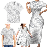 White Sunday Lotu Tamaiti Family Matching Short Sleeve Bodycon Dress and Hawaiian Shirt Polynesian Wave Pastel Gray LT9 - Polynesian Pride