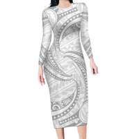 White Sunday Lotu Tamaiti Long Sleeve Bodycon Dress Polynesian Wave Pastel Gray - Polynesian Pride