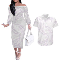 White Sunday Lotu Tamaiti Couples Matching Off The Shoulder Long Sleeve Dress and Hawaiian Shirt Polynesian Wave Pastel Mauve - Polynesian Pride
