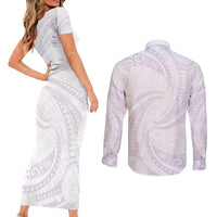 White Sunday Lotu Tamaiti Couples Matching Short Sleeve Bodycon Dress and Long Sleeve Button Shirt Polynesian Wave Pastel Mauve LT9 - Polynesian Pride
