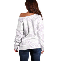 White Sunday Lotu Tamaiti Off Shoulder Sweater Polynesian Wave Pastel Mauve LT9 - Polynesian Pride