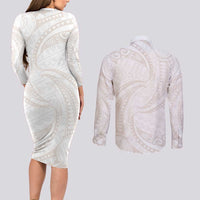 White Sunday Lotu Tamaiti Couples Matching Long Sleeve Bodycon Dress and Long Sleeve Button Shirt Polynesian Wave Pastel Nude LT9 - Polynesian Pride