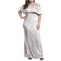 White Sunday Lotu Tamaiti Family Matching Off Shoulder Maxi Dress and Hawaiian Shirt Polynesian Wave Pastel Nude LT9 Mom's Dress Nude - Polynesian Pride
