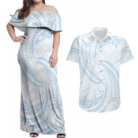 White Sunday Lotu Tamaiti Couples Matching Off Shoulder Maxi Dress and Hawaiian Shirt Polynesian Wave Pastel Sky Blue - Polynesian Pride