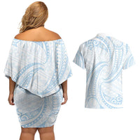 White Sunday Lotu Tamaiti Couples Matching Off Shoulder Short Dress and Hawaiian Shirt Polynesian Wave Pastel Sky Blue - Polynesian Pride