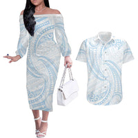 White Sunday Lotu Tamaiti Couples Matching Off The Shoulder Long Sleeve Dress and Hawaiian Shirt Polynesian Wave Pastel Sky Blue - Polynesian Pride