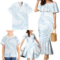White Sunday Lotu Tamaiti Family Matching Mermaid Dress and Hawaiian Shirt Polynesian Wave Pastel Sky Blue - Polynesian Pride