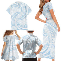 White Sunday Lotu Tamaiti Family Matching Short Sleeve Bodycon Dress and Hawaiian Shirt Polynesian Wave Pastel Sky Blue - Polynesian Pride
