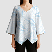 White Sunday Lotu Tamaiti Kimono Sleeve Blouse Polynesian Wave Pastel Sky Blue - Polynesian Pride