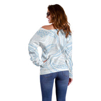 White Sunday Lotu Tamaiti Off Shoulder Sweater Polynesian Wave Pastel Sky Blue - Polynesian Pride