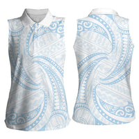White Sunday Lotu Tamaiti Women Sleeveless Polo Shirt Polynesian Wave Pastel Sky Blue - Polynesian Pride