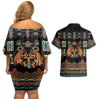 Black Batik Papua-inspired Pattern Couples Matching Off Shoulder Short Dress and Hawaiian Shirt - Polynesian Pride
