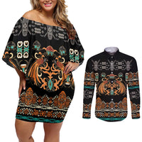 Black Batik Papua-inspired Pattern Couples Matching Off Shoulder Short Dress and Long Sleeve Button Shirt - Polynesian Pride