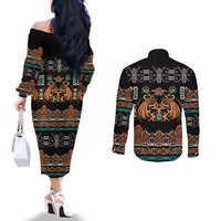 Black Batik Papua-inspired Pattern Couples Matching Off The Shoulder Long Sleeve Dress and Long Sleeve Button Shirt - Polynesian Pride