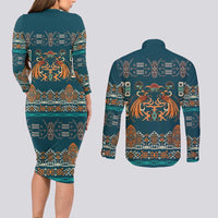 Dark Cyan Blue Batik Papua-inspired Pattern Couples Matching Long Sleeve Bodycon Dress and Long Sleeve Button Shirt - Polynesian Pride