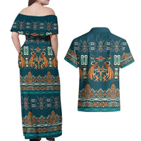 Dark Cyan Blue Batik Papua-inspired Pattern Couples Matching Off Shoulder Maxi Dress and Hawaiian Shirt - Polynesian Pride