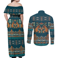 Dark Cyan Blue Batik Papua-inspired Pattern Couples Matching Off Shoulder Maxi Dress and Long Sleeve Button Shirt LT9 - Polynesian Pride