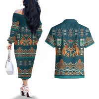 Dark Cyan Blue Batik Papua-inspired Pattern Couples Matching Off The Shoulder Long Sleeve Dress and Hawaiian Shirt - Polynesian Pride