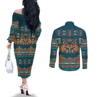 Dark Cyan Blue Batik Papua-inspired Pattern Couples Matching Off The Shoulder Long Sleeve Dress and Long Sleeve Button Shirt LT9 - Polynesian Pride