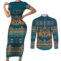 Dark Cyan Blue Batik Papua-inspired Pattern Couples Matching Short Sleeve Bodycon Dress and Long Sleeve Button Shirt - Polynesian Pride