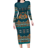 Dark Cyan Blue Batik Papua-inspired Pattern Family Matching Long Sleeve Bodycon Dress and Hawaiian Shirt LT9 Mom's Dress Blue - Polynesian Pride