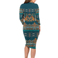Dark Cyan Blue Batik Papua-inspired Pattern Family Matching Long Sleeve Bodycon Dress and Hawaiian Shirt LT9 - Polynesian Pride