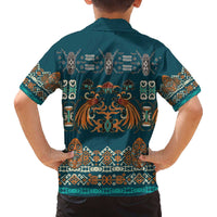 Dark Cyan Blue Batik Papua-inspired Pattern Family Matching Off The Shoulder Long Sleeve Dress and Hawaiian Shirt - Polynesian Pride