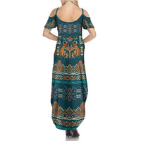 Dark Cyan Blue Batik Papua-inspired Pattern Family Matching Summer Maxi Dress and Hawaiian Shirt - Polynesian Pride