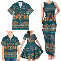 Dark Cyan Blue Batik Papua-inspired Pattern Family Matching Tank Maxi Dress and Hawaiian Shirt - Polynesian Pride